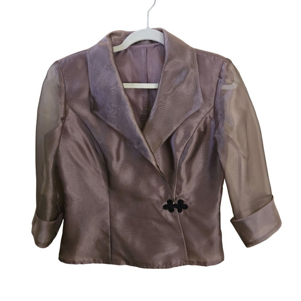 Stunning Vintage Bronze Organza Evening Jacket Black Beaded Closure Size S